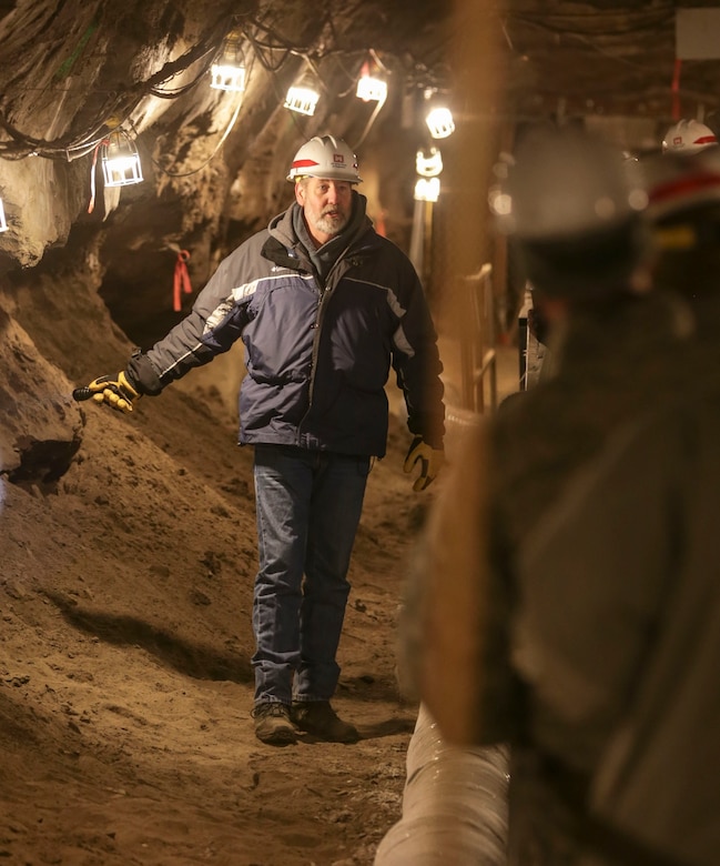 Gary Larsen, operations manager, of the U.S. Army Engineer Research and Development Center’s Cold Regions Research and Engineering Laboratory’s Alaska Research Office hosts a visit inside the Fox Permafrost Tunnel.