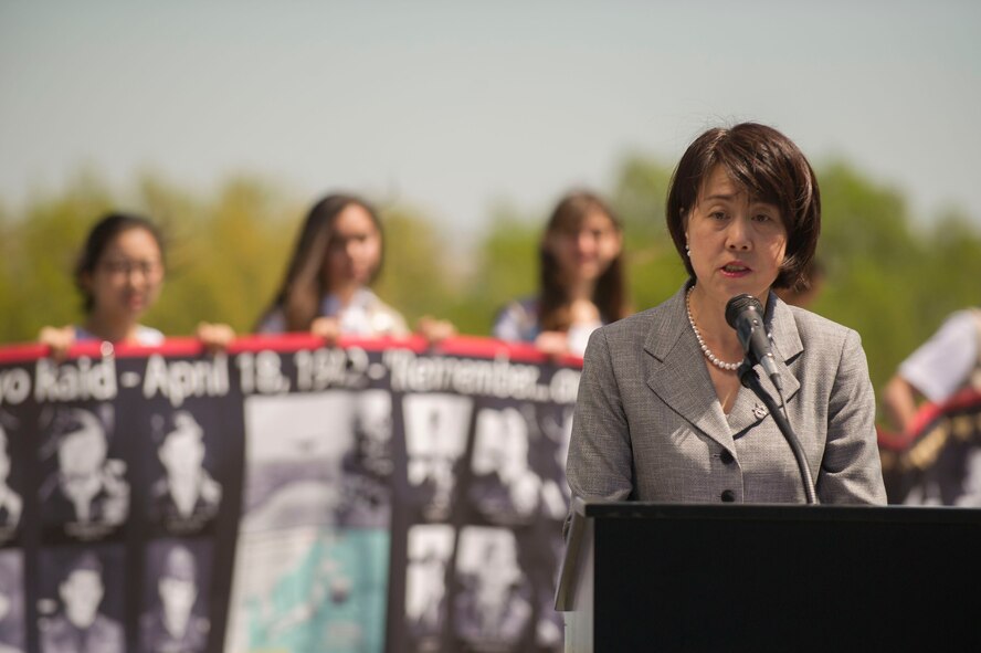 Ms. Wang Yuehong, Counselor, Chines Embassy delivers remarks during a wreath laying ceremony honoring the 75th Anniversary of the Doolittle Tokyo Raid at the Air Force Memorial in Arlington, Va., Apr. 18, 2017. Counselor Yuehong spoke of the contributions made by Chinese civilians that assisted the Raiders once they landed in China. (Photo by Senior Master Sgt. Adrian Cadiz)(Released)
