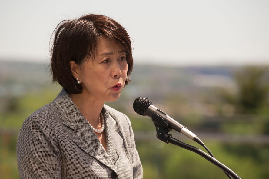 Ms. Wang Yuehong, Counselor, Chines Embassy delivers remarks during a wreath laying ceremony honoring the 75th Anniversary of the Doolittle Tokyo Raid at the Air Force Memorial in Arlington, Va., Apr. 18, 2017. Counselor Yuehong spoke of the contributions made by Chinese civilians that assisted the Raiders once they landed in China. (Photo by Senior Master Sgt. Adrian Cadiz)(Released)