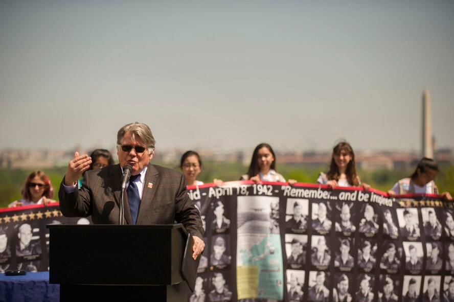 Mr. Warren Hegg, National Supervisor, keep the Spirit of '45 Alive delivers remarks during a wreath laying ceremony honoring the 75th Anniversary of the Doolittle Tokyo Raid at the Air Force Memorial in Arlington, Va., Apr. 18, 2017. (Photo by Senior Master Sgt. Adrian Cadiz)(Released)