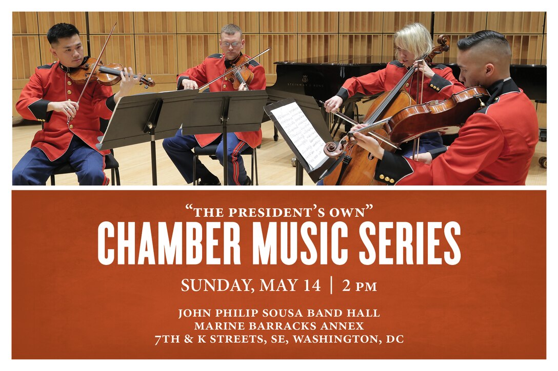 Coordinated by violinist Staff Sgt. Chaerim Smith, the concert features several ensembles from “The President’s Own,” including a cello and piano duet, string quartets, and a clarinet and harp duo. The concert will take place at 2 p.m., Sunday, May 14, in John Philip Sousa Band Hall at the Marine Barracks Annex in southeast Washington, DC. Free admission and parking.
