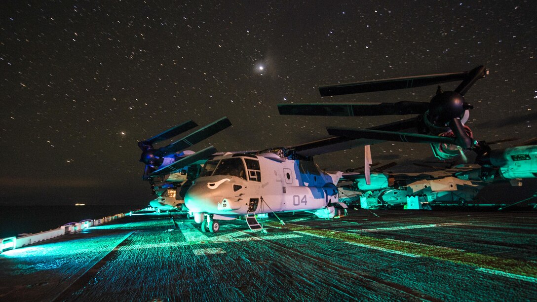 A Marine Corps MV-22B Osprey sits on the flight deck of the amphibious assault ship USS Makin Island in the South China Sea, April 15, 2017. The Makin Island is in the Indo-Asia-Pacific region to enhance amphibious capability with regional partners. Navy photo by Petty Officer 3rd Class Devin M. Langer
