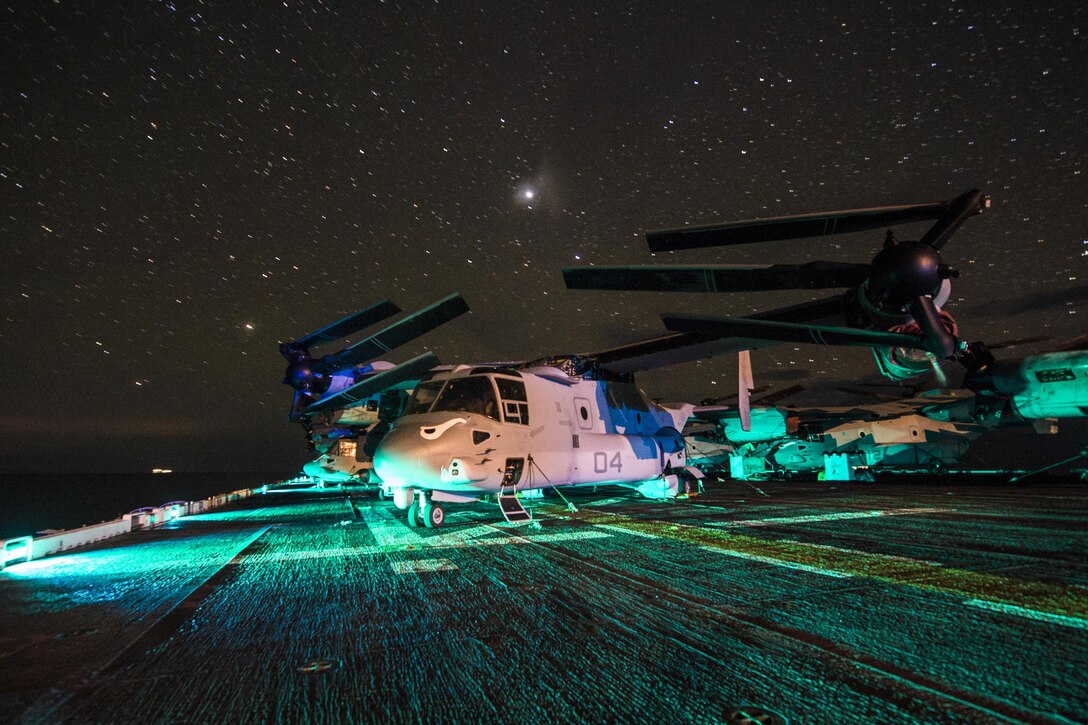 A Marine Corps MV-22B Osprey sits on the flight deck of the amphibious assault ship USS Makin Island in the South China Sea, April 15, 2017. The Makin Island is in the Indo-Asia-Pacific region to enhance amphibious capability with regional partners. Navy photo by Petty Officer 3rd Class Devin M. Langer