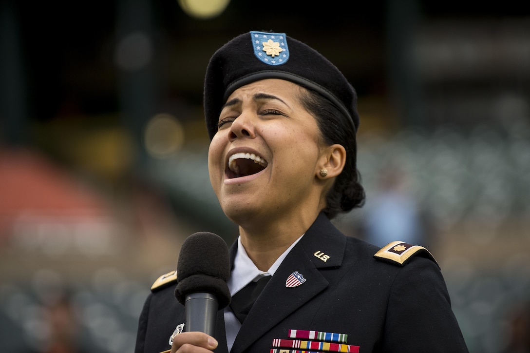 Maj. Stephanie Ramos, a U.S. Army Reserve public affairs officer from the 200th Military Police Command, headquartered at Fort Meade, Md., sings the national anthem before a celebration game  for the Army Reserve's 109th birthday with the Bowie Baysox baseball club at Prince George's Stadium, April 19, 2017. The 200th MP Cmd. is located less than 20 miles from the stadium, and sought this opportunity to engage with the local community. The U.S. Army Reserve's official birthday is on April 23. (U.S. Army Reserve photo by Master Sgt. Michel Sauret)