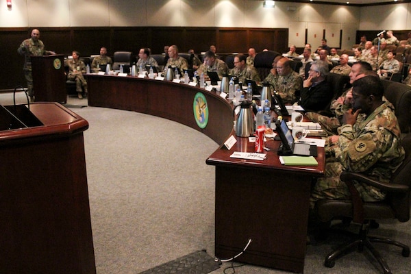 U.S. military logistics leaders and experts from across the Department of Defense discuss long-term logistics planning during the Joint Logistics Coordination Board at the U.S. Central Command forward headquarters at Al Udeid Air Base, Qatar, April 6, 2017. The board was part of a week of planning conferences which included two separate sessions aimed at ensuring the joint logistics enterprise aligns efforts across the CENTCOM area of responsibility to maintain an effective readiness for both current and future operations. (U.S. Air Force photo by Staff Sgt. R. Alex Durbin)