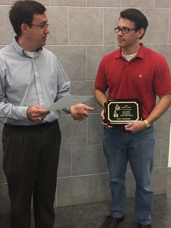 Luke Gurtowski was recently awarded the 2016 L.R. Shaffer Research and Development Achievement Award presented by Dr. Andy Martin for his teamwork with CERL during the pilot-scale validation of the Gray Water Treatment and Reuse System.