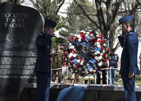 DAYTON, Ohio (04/2017) -- Two cadets from the Air Force Academy present a wreath during a memorial service in honor of the Doolittle Raiders 75th Anniversary, which was held at the National Museum of the U.S. Air Force on April 17-18, 2017. (U.S. Air Force photo by Ken LaRock) 