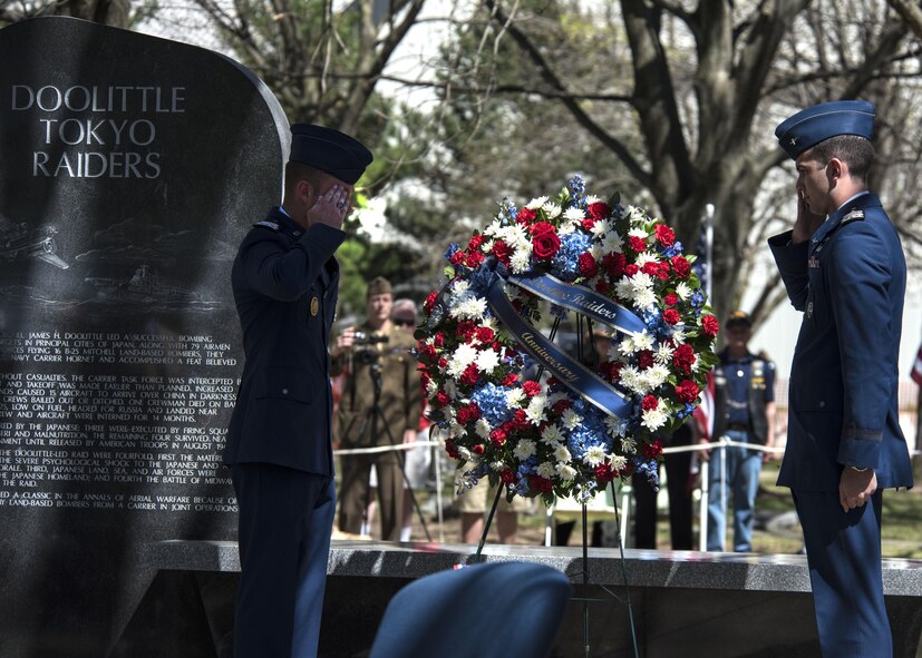 DAYTON, Ohio (04/2017) -- Two cadets from the Air Force Academy present a wreath during a memorial service in honor of the Doolittle Raiders 75th Anniversary, which was held at the National Museum of the U.S. Air Force on April 17-18, 2017. (U.S. Air Force photo by Ken LaRock) 