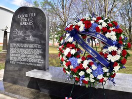 DAYTON, Ohio (04/2017) -- A wreath stands next to the Doolittle Tokyo Raiders Memorial during a service in honor of their 75th Anniversary, which was held at the National Museum of the U.S. Air Force on April 17-18, 2017. (U.S. Air Force photo by Ken LaRock) 