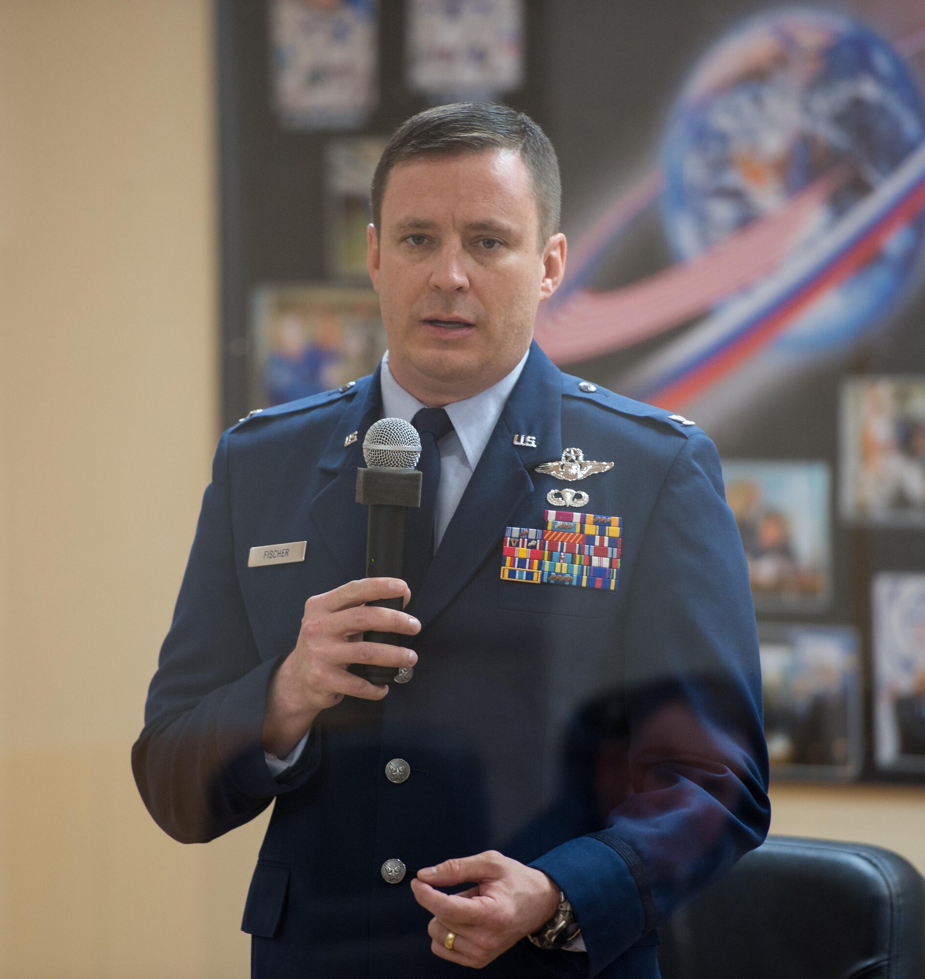 Col. Jack Fischer, the Expedition 51 flight engineer, speaks during the State Commission meeting to approve the Soyuz launch of Expedition 51 to the International Space Station, April 19, 2017, at the Cosmonaut Hotel in Baikonur, Kazakhstan. The Soyuz rocket launched April 20, and carried Fischer and Fyodor Yurchikhin, the Soyuz commander of Roscosmos, into orbit to begin their four and a half month mission on the International Space Station. (NASA photo/Aubrey Gemignani)