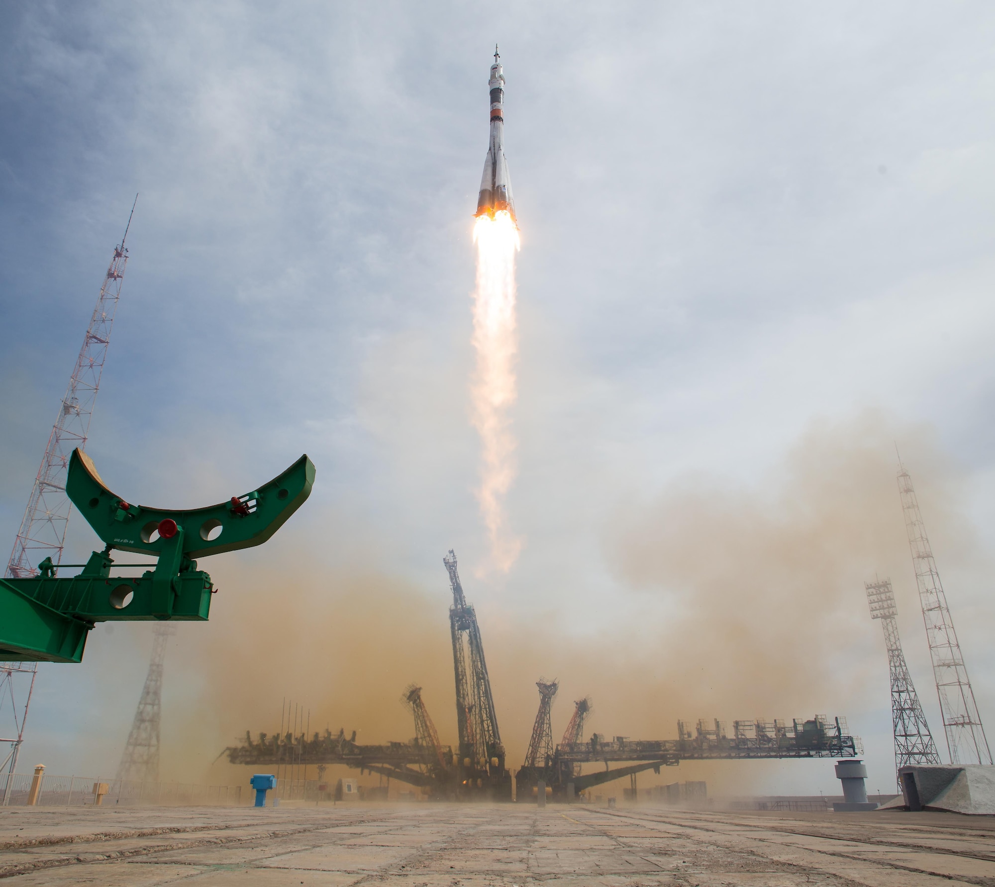 The Soyuz MS-04 rocket launches from the Baikonur Cosmodrome in Kazakhstan April 20, 2017, carrying Fyodor Yurchikhin, the Expedition 51 Soyuz commander of Roscosmos, and Col. Jack Fischer, the Expedition 51 NASA flight engineer, into orbit to begin their four and a half month mission on the International Space Station. (NASA photo/Aubrey Gemignani)