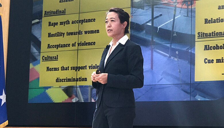 Kimberly Dickman, the U.S. Air Force Academy’s Sexual Assault and Prevention and Response analyst, gives the keynote address at the the National Association of Collegiate Directors of Athletes Spring Symposium, April 10, 2017. The two-day symposium was hosted by the Athletic Department at the Academy. Athletic directors from several U.S. colleges met to discuss a shared priority: reducing sexual assault and learning innovative ways to teach leadership and develop character among their athletes. (U.S. Air Force photo/Tech. Sgt. Jasmine Reif)