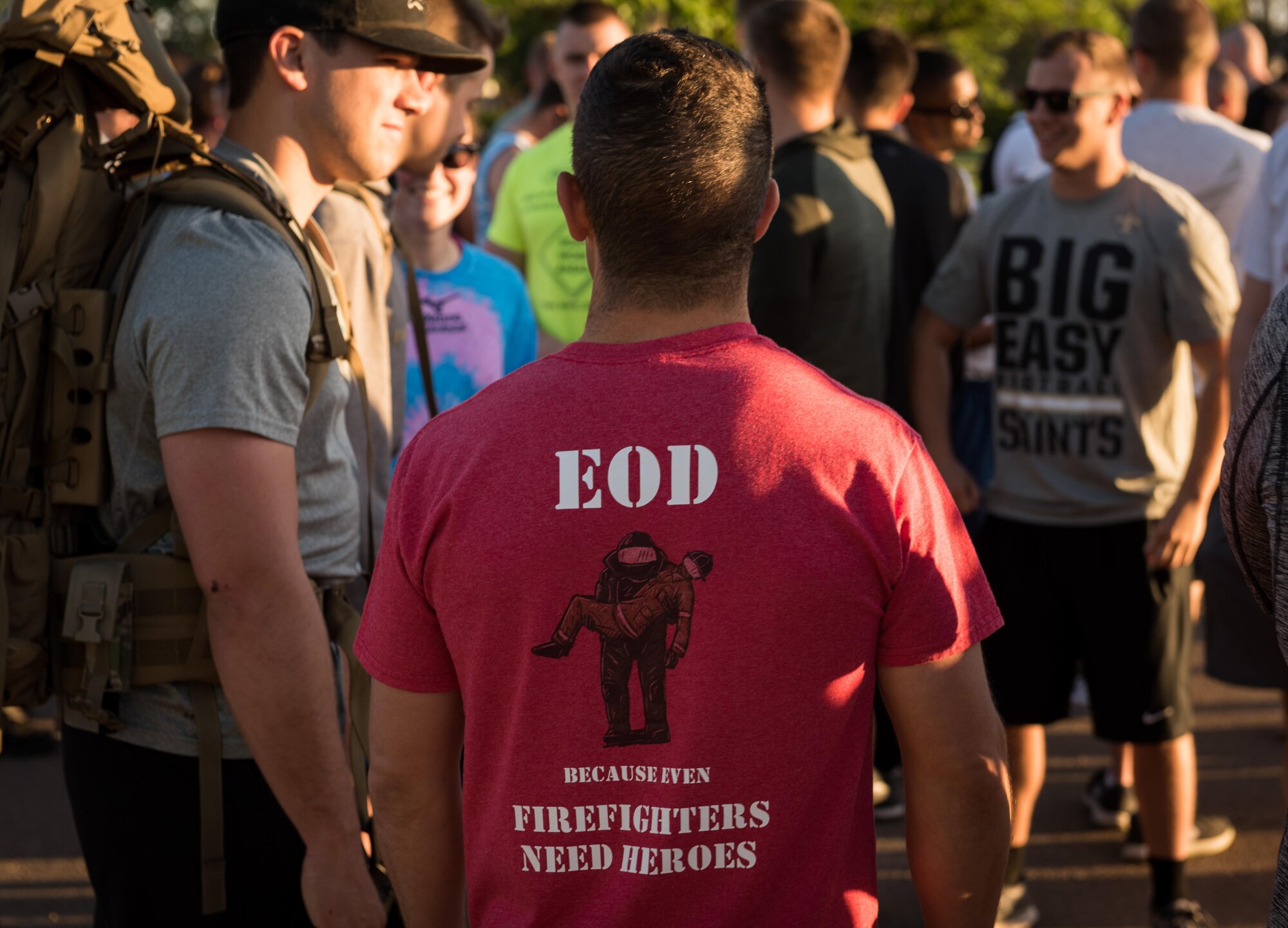 A member of the 27th Special Operations Civil Engineer Squadron Explosive Ordnance Disposal Flight waits at the starting line of the Arbor Day and Earth Day 5K fun run at Unity Park on Cannon Air Force Base, NM, April 19, 2017. The run was the first of three events in celebration of Earth Day and Arbor Day. (U.S. Air Force photo by Staff Sgt. Michael Washburn/Released)