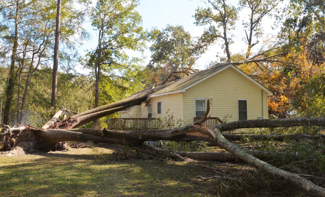 A huge tree uprooted by Hurricane Matthew fell through the roof of this home near Princeville, North Carolina. Severe flooding from the storm caused $4.8 billion in damages to homes, businesses and infrastructure in NC alone. (Photo: Courtesy Hank Heusinkveld, Public Affairs Specialist, USACE-Wilmington.)