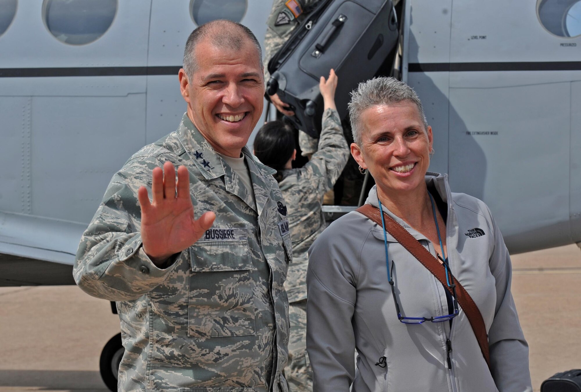 U.S. Air Force Maj. Gen. Thomas Bussiere, 8th Air Force commander, and his wife, Barbara, greets base leadership after arriving at Dyess Air Force Base, Texas, April 17, 2017. The Bussieres spent three days meeting and recognizing Airmen, touring base facilities, and gaining knowledge on how Dyess supports the mission of the Mighty Eighth. (U.S. Air Force photo by Airman Kylee Thomas) 