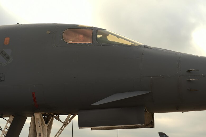 Barbara Bussiere gives a thumbs up before taxiing to the runway at Dyess Air Force Base, Texas, April 19, 2017. Bussiere accompanied her husband, U.S. Air Force Maj. Gen. Thomas Bussiere, 8th Air Force commander, to tour Dyess facilities and visit with Airmen and their families to learn more about how they support the Dyess and Air Force missions. (U.S. Air Force photo by Airman 1st Class Emily Copeland)
