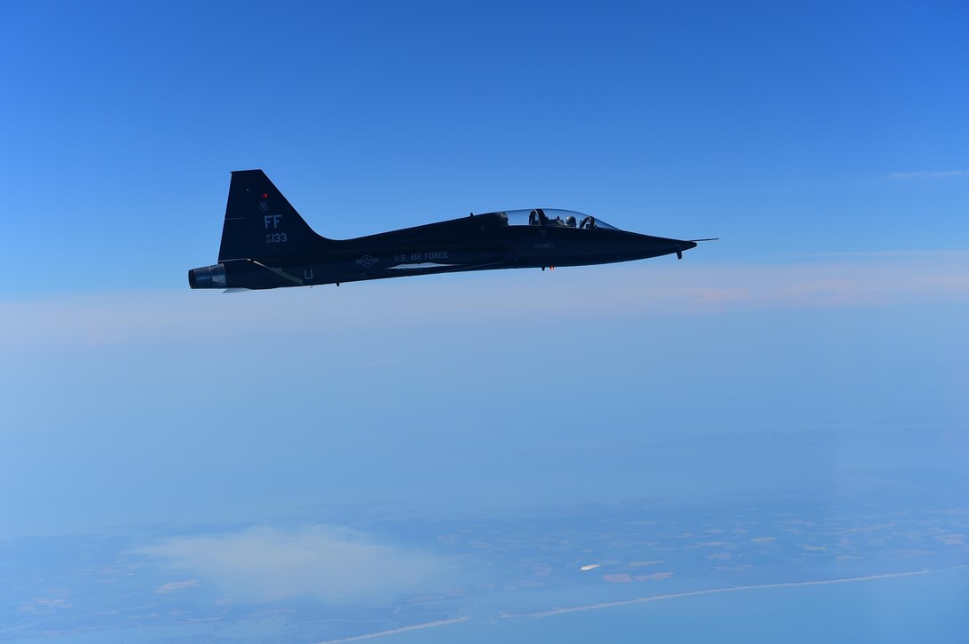 A U.S. Air Force T-38 Talon assigned to the 1st Fighter Wing at Joint Base Langley-Eustis, Va., acts as an agressor aircraft during a training fight during ATLANTIC TRIDENT 17, April 20, 2017. ATLANTIC TRIDENT 17 is an exercise that focuses on leveraging fifth-generation fighter capabilities with partnering nations, including the United Kingdom and France. (U.S. Air Force photo/Staff Sgt. Natasha Stannard)