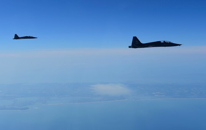 U.S. Air Force T-38 Talons from the 1st Fighter Wing participate ATLANTIC TRIDENT 17 as aggressors at Joint Base Langley-Eustis, Va., April 20, 2017. The aggressors act as enemy fighters creating barriers that limit U.S. and allied efforts. (U.S. Air Force photo/Staff Sgt. Natasha Stannard)