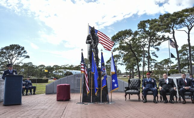 Air Force Chief of Staff Gen. David L. Goldfein speaks during a dual Air Force Cross ceremony April 20, 2017, at Hurlburt Field, Fla. Two Airmen were simultaneously awarded the service’s highest medal for valorous action in combat. Retired Master Sgt. Keary Miller, from the Air National Guard’s 123rd Special Tactics Squadron, and Chris Baradat, a former combat controller, both received Silver Stars for their actions in combat, which were upgraded after a service-wide review. (U.S. Air Force photo/Senior Airman Ryan Conroy)