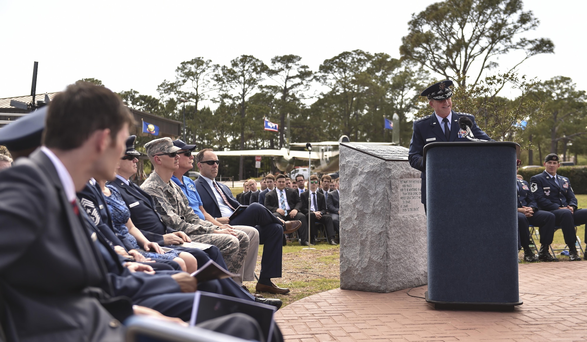 Chief of Staff of the Air Force Gen. David L. Goldfein, speaks during a dual Air Force Cross ceremony, April 20, 2017, at Hurlburt Field, Fla. Master Sgt. (Ret.) Keary Miller, a retired Special Tactics pararescueman from the Air National Guard’s 123rd Special Tactics Squadron, and Chris Baradat, a combat controller since separated, both received Air Force Crosses for their actions in combat, which were upgraded from Silver Star medals after a service-wide review. (U.S. Air Force photo by Senior Airman Ryan Conroy) 