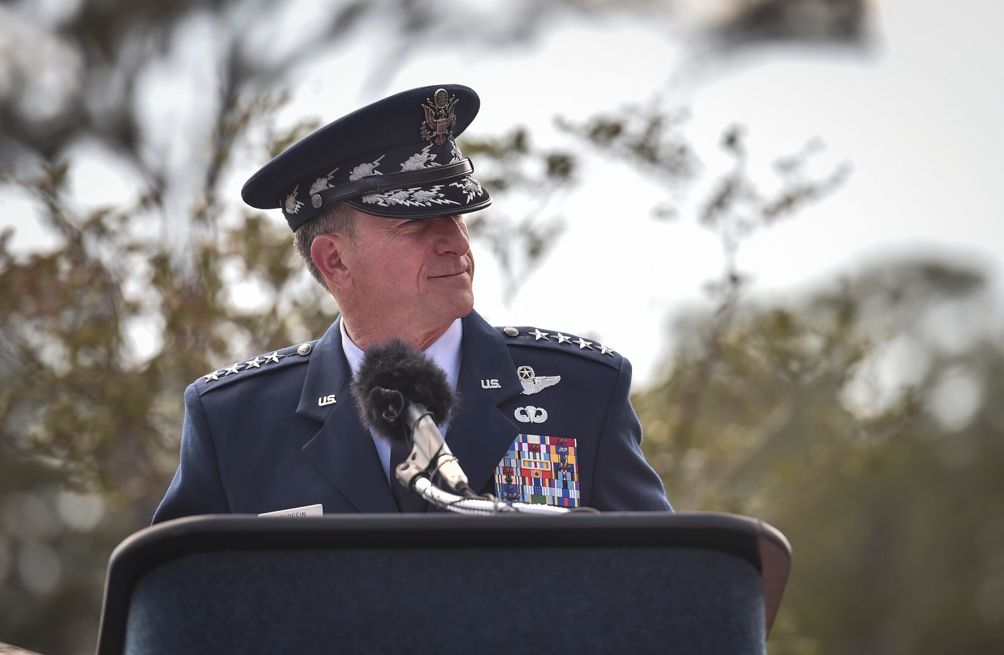 Chief of Staff of the Air Force Gen. David L. Goldfein, speaks during a dual Air Force Cross ceremony, April 20, 2017, at Hurlburt Field, Fla. Master Sgt. (Ret.) Keary Miller, a retired Special Tactics pararescueman from the Air National Guard’s 123rd Special Tactics Squadron, and Chris Baradat, a combat controller since separated, both received Air Force Crosses for their actions in combat, which were upgraded from Silver Star medals after a service-wide review. (U.S. Air Force photo by Senior Airman Ryan Conroy) 