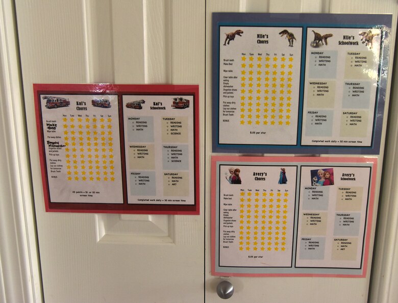 Tech. Sgt. Bennie Prescott, 341st Missile Security Forces Squadron physical security manager, and his wife, Ellen, family child care provider, created chore charts for their kids and how much money they would receive for each one completed April 17, 2017, at Malmstrom Air Force Base, Mont. Bennie and Ellen paid off $253,000 in debt in six years, and through the entire process kept their children involved.