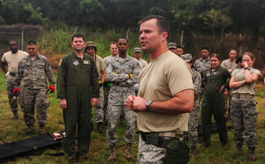 Col. Cavan Craddock, 15th Wing vice commander, gives closing remarks to the participants of Exercise TROPIC THUNDER 2017 (XTT17), at Wheeler Army Airfield, Hawaii, April 20, 2017.  XTT17 is a two part full spectrum readiness exercise hosted by the 15th Wing to test the individual, organizational and expeditionary readiness of the Airmen stationed at Joint Base Pearl Harbor-Hickam. (U.S. Air Force photo by Tech. Sgt. Heather Redman)