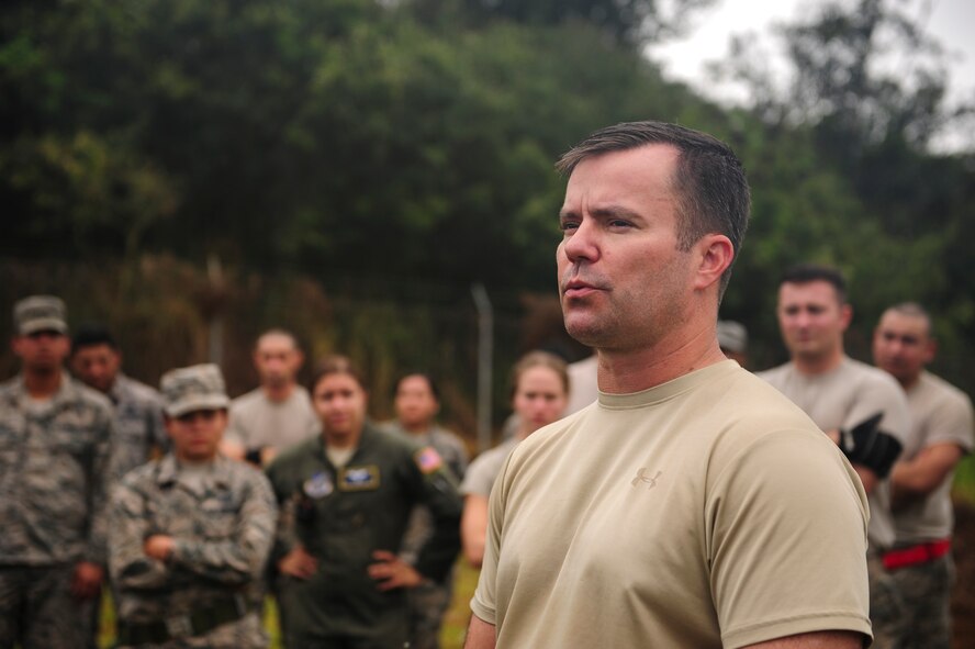 Col. Cavan Craddock, 15th Wing vice commander, gives closing remarks to the participants of Exercise TROPIC THUNDER 2017 (XTT17), at Wheeler Army Airfield, Hawaii, April 20, 2017.  XTT17 is a two part full spectrum readiness exercise hosted by the 15th Wing to test the individual, organizational and expeditionary readiness of the Airmen stationed at Joint Base Pearl Harbor-Hickam. (U.S. Air Force photo by Tech. Sgt. Heather Redman)