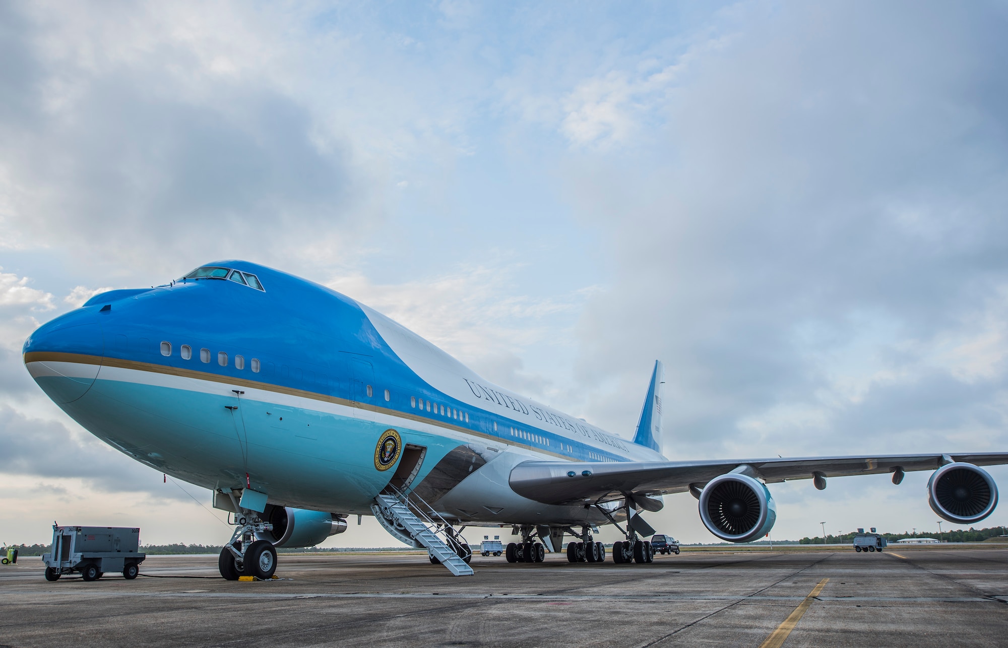 A Boeing 747 VC-25A sits on the flightline April 19 at Eglin Air Force Base, Fla. The aircraft is one of two VC-25As assigned to the Presidential Airlift Group, 89th Airlift Wing at Joint Base Andrews, Maryland. The VC-25A is commonly known as "Air Force One," although that radio call sign is reserved and used exclusively when the President of the U.S. is aboard any U.S. Air Force aircraft. This aircraft was completing a maintenance cycle and is undergoing an operational test regimen before being certified to return to Presidential service. (U.S. Air Force photos/Ilka Cole) 