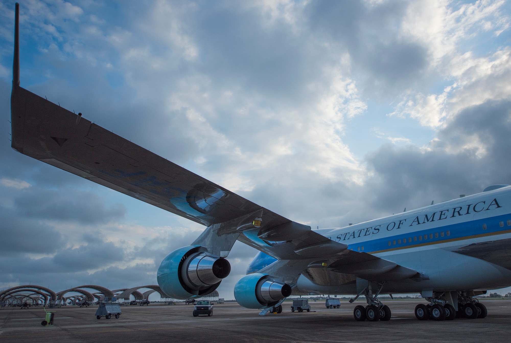 A Boeing 747 VC-25A sits on the flightline April 19 at Eglin Air Force Base, Fla. The aircraft is one of two VC-25As assigned to the Presidential Airlift Group, 89th Airlift Wing at Joint Base Andrews, Maryland. The VC-25A is commonly known as "Air Force One," although that radio call sign is reserved and used exclusively when the President of the U.S. is aboard any U.S. Air Force aircraft. This aircraft was completing a maintenance cycle and is undergoing an operational test regimen before being certified to return to Presidential service. (U.S. Air Force photos/Ilka Cole) 