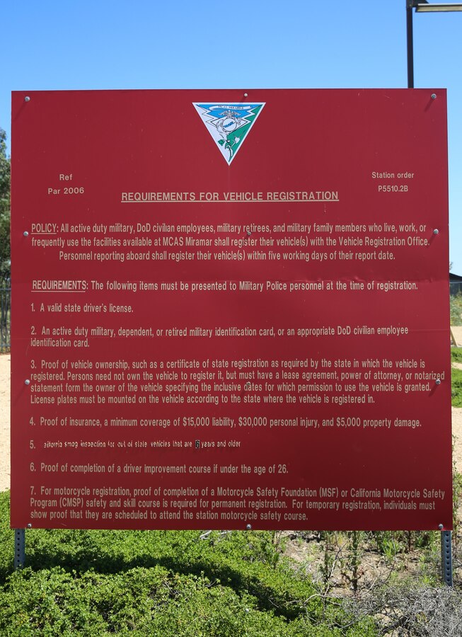 Marine Corps Air Station Miramar, Calif., will start strictly enforcing vehicle registration on July 1, 2017. If someone is stopped without having their vehicle registered on the installation, the service member or civilian employee will be given a citation to fix it. To register your vehicle on base, visit Vehicle Registration, building 6200, located at the East Gate on MCAS Miramar. (Marine Corps photo by Sgt. Kimberlyn Adams)