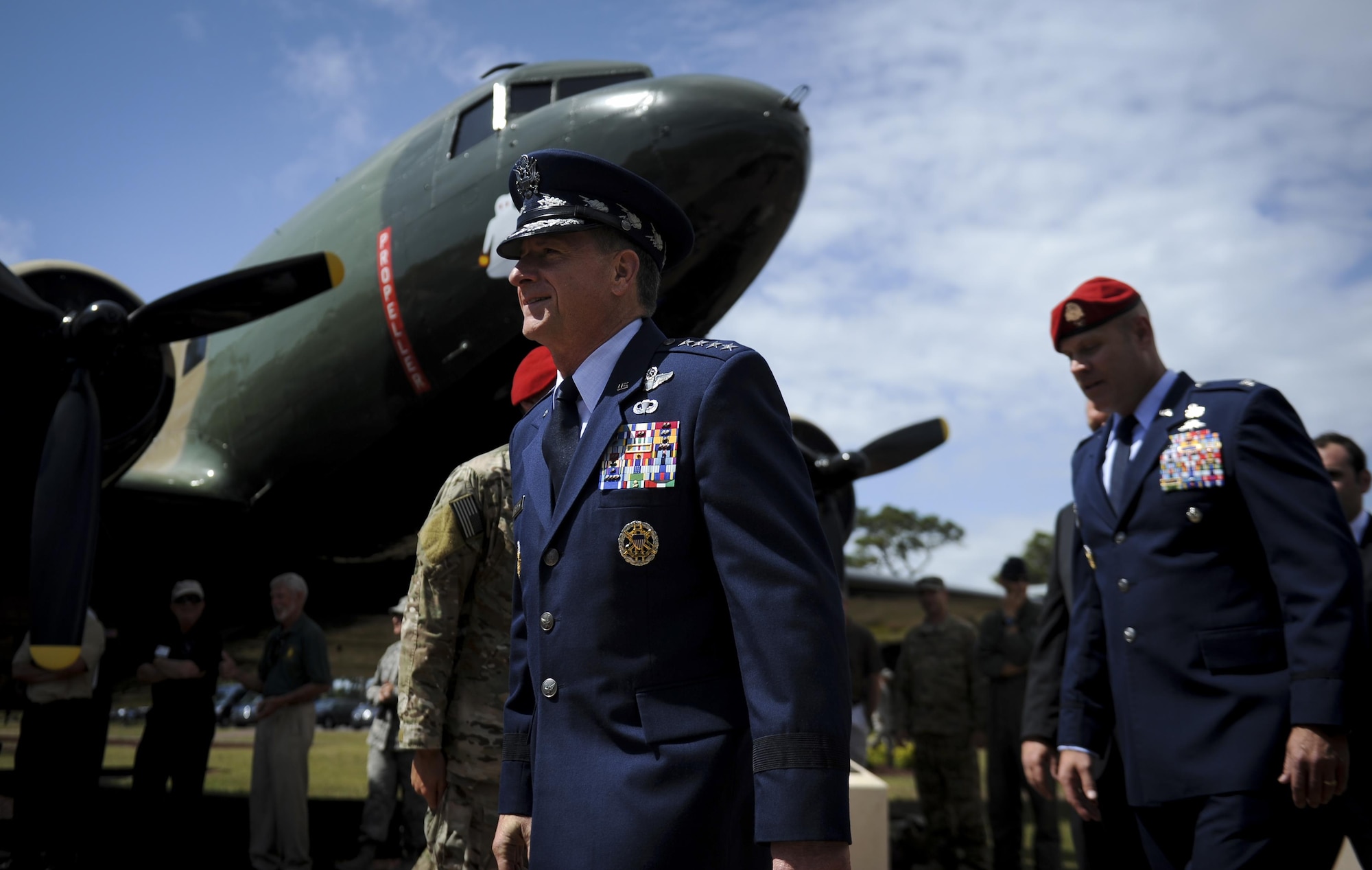 Chief of Staff of the Air Force Gen. David L. Goldfein, marches as a part of the official party for a dual Air Force Cross ceremony, April 20, 2017, at Hurlburt Field, Fla. Master Sgt. (Ret.) Keary Miller, a retired Special Tactics pararescueman from the Air National Guard’s 123rd Special Tactics Squadron, and Chris Baradat, a combat controller since separated, both received Air Force Crosses for their actions in combat, which were upgraded from Silver Star medals after a service-wide review. (U.S. Air Force photo by Airman 1st Class Dennis Spain) 