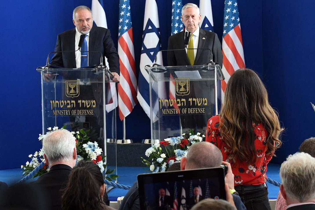 Defense Secretary Jim Mattis and Israeli Defense Minister Avigdor Lieberman hold a news conference
