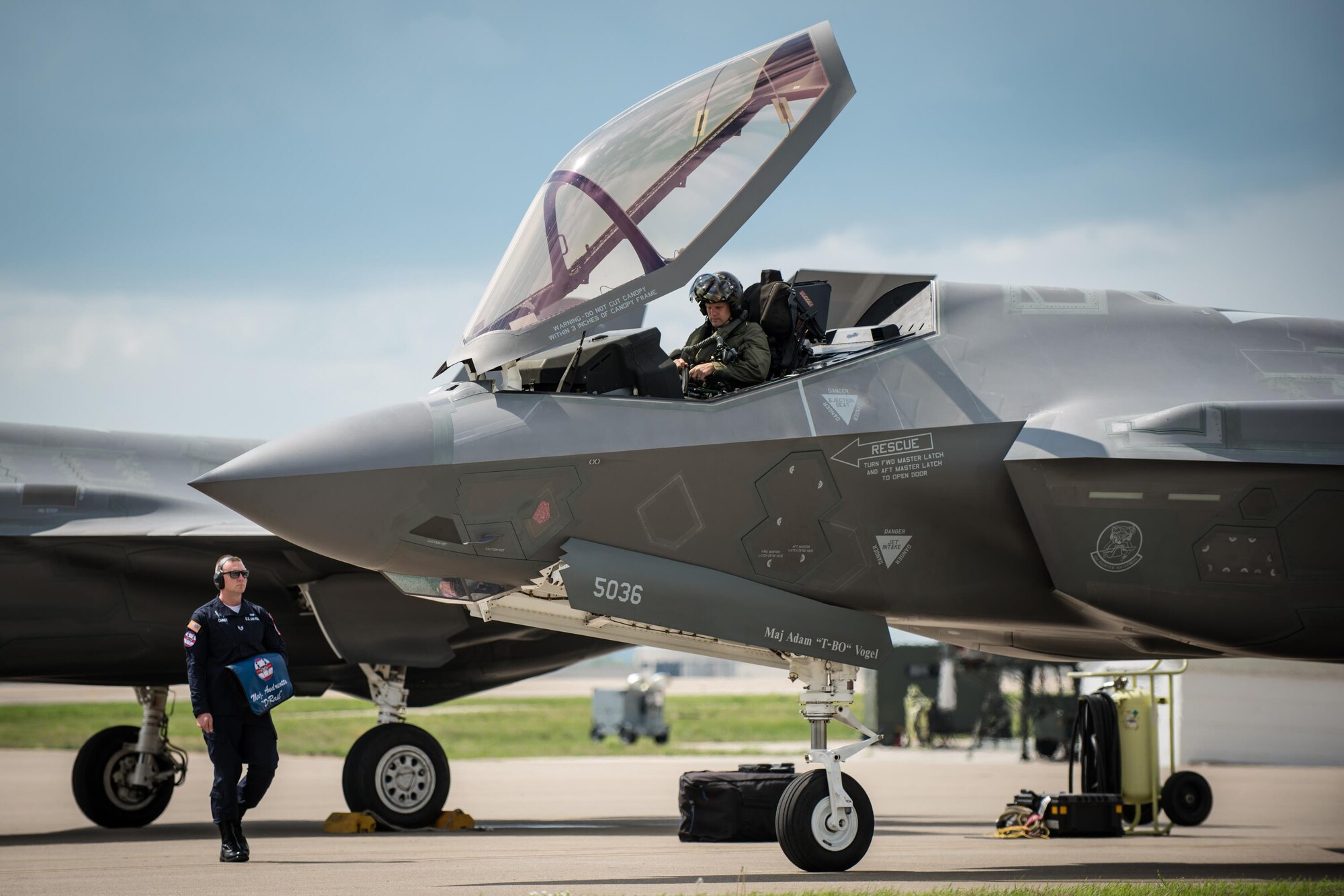 Maj. Will Andreotta, a pilot from the 61st Fighter Squadron at Luke Air Force Base, Ariz., parks his F-35 Lightning II figher aircraft on the flight line of the Kentucky Air National Guard Base in Louisville, Ky., April 20, 2017. The F-35, which is in town to perform in the Thunder Over Louisville air show on April 22, is the Air Force's newest fighter jet. (U.S. Air National Guard photo by Lt. Col. Dale Greer)