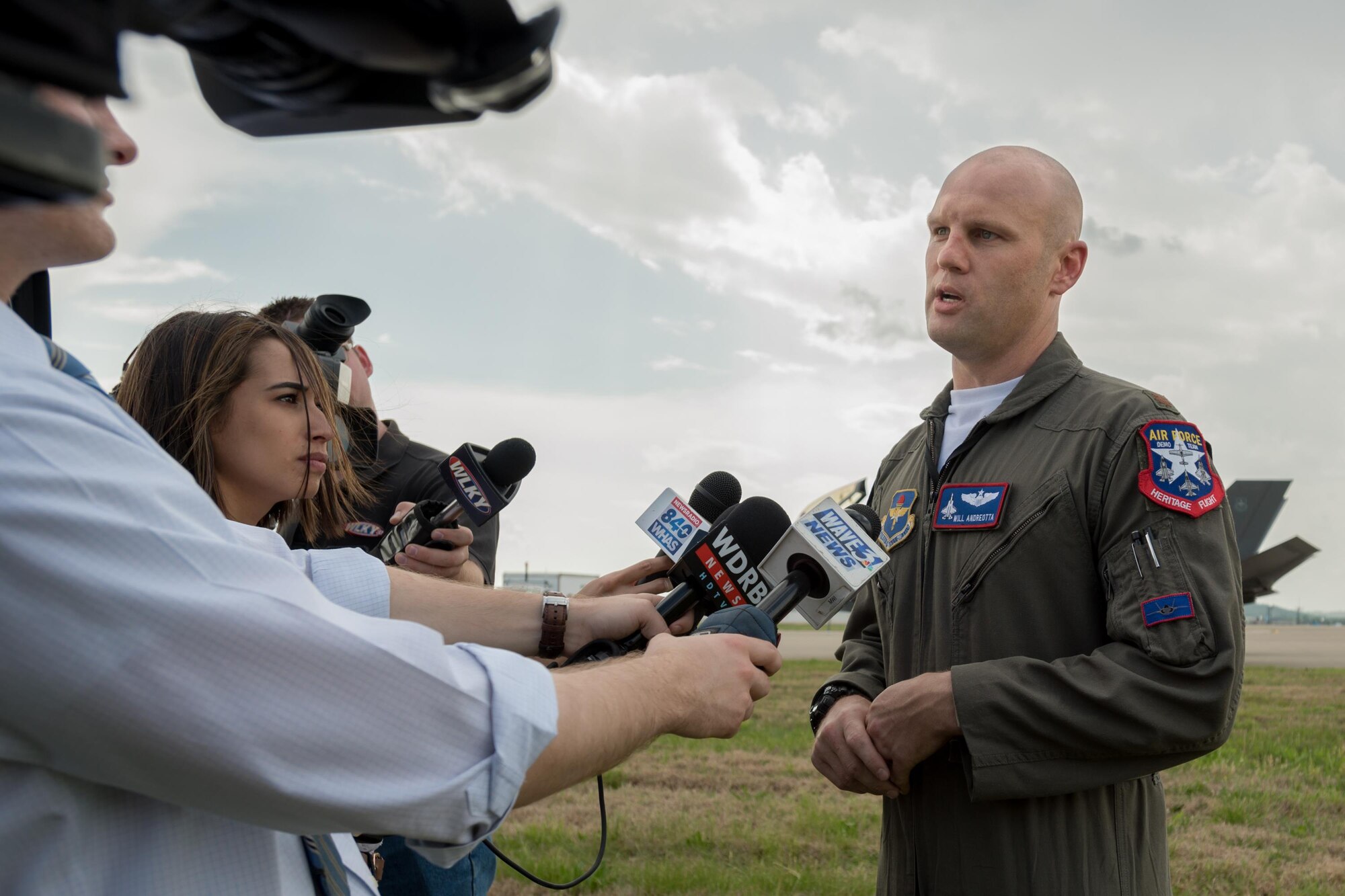 Maj. Will Andreotta, an F-35 Lighnining II pilot from the 61st Fighter Squadron at Luke Air Force Base, Ariz., talks with news media at the Kentucky Air National Guard Base in Louisville, Ky., April 20, 2017. Andreotta is in town to perform in the Thunder Over Louisville air show on April 22. (U.S. Air National Guard photo by Lt. Col. Dale Greer)