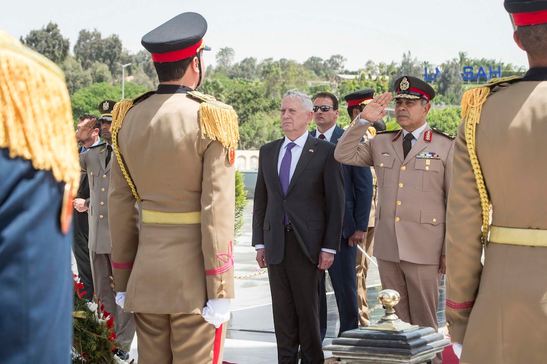 Defense Secretary Jim Mattis and Egyptian Gen. Ayman Abdel Hamid Amer, commander of the Central Military Zone, lay wreaths at the Unknown Soldier Memorial in Cairo, Egypt, April 20, 2017. DoD photo by Air Force Tech. Sgt. Brigitte N. Brantley
