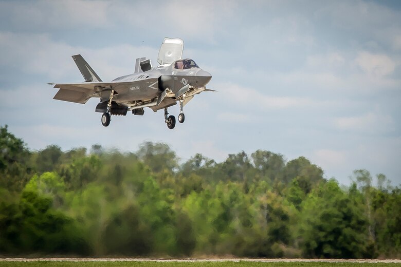 An F-35B Lighting II aircraft prepares to land during a training exercise with Airborne Tactical Advantage Company aboard Marine Corps Air Station Beaufort, April 14. Marine Fighter Attack Training Squadron utilized ATAC to train their pilots in anti-aircraft warfare. ATAC provided the adversary air presentation for VMFAT-501. The F-35B is with VMFAT-501.
