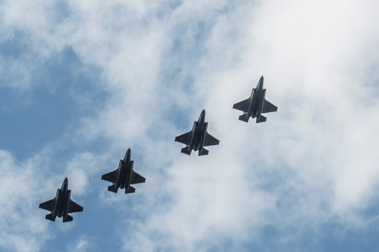 F-35B Lighting II aircraft fly in formation during a training exercise with Airborne Tactical Advantage Company aboard Marine Corps Air Station Beaufort, April 14. The Marine Fighter Attack Training Squadron utilized ATAC to train their pilots in anti-aircraft warfare. ATAC provided the adversary air presentation for VMFAT-501. The F-35B aircraft are with VMFAT-501.