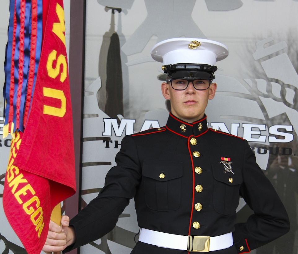 U.S. Marine Corps Pfc. Christopher Rogers, a native of Muskegon, Michigan, poses for a photo on April 11, 2017, at Recruiting Substation Muskegon. Rogers reported to Marine Combat Training on April 17 where he will learn basic infantry tactics and skills. (U.S. Marine Corps photo by Sgt. Immanuel M. Johnson/Released)
