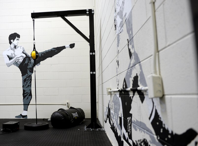 Newly painted murals line the walls of the boxing room at the Gunter Air Force Base Gym, April 12, 2017. The murals were created by Ian Mangum, a Family Camp reservation specialist with the 42nd Force Support Squadron. His artwork is a collaboration of famous and iconic boxers from past to present. (U.S. Air Force photo/Senior Airman Tammie Ramsouer)