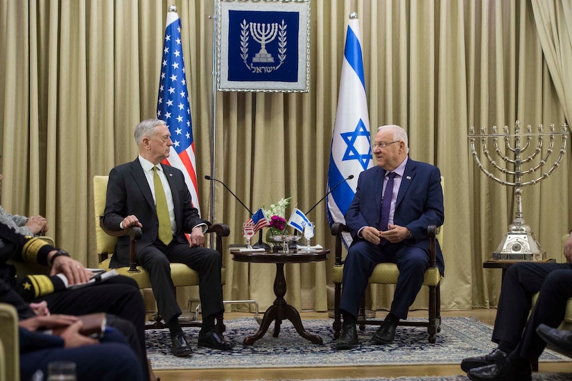 Defense Secretary Jim Mattis meets with Israeli President Reuven Rivlin in Jerusalem, April 21, 2017. DoD photo by Air Force Tech. Sgt. Brigitte N. Brantley