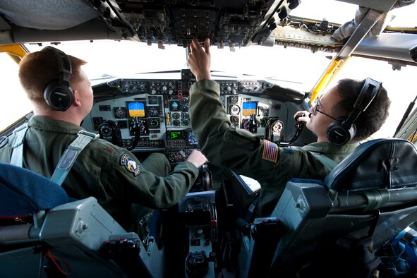 Captain Jason Burrows, 756th Air Refueling Squadron pilot, checks the gauges in KC-135R Stratotanker prior to takeoff from the Joint Base Andrews, Maryland, flight line April 13, 2017. After a year of planning, the 756 ARW embarked on a mission to rendezvous with a Naval Air Systems Command P-8A Poseidon over the Atlantic Ocean for an inflight refueling. The P-8A is the second-ever Navy aircraft to be fitted with a receiver for aerial refueling; the first being the E-6B Mercury nearly 30 years ago. (U.S. Air Force photo/Tech. Sgt. Kat Justen)