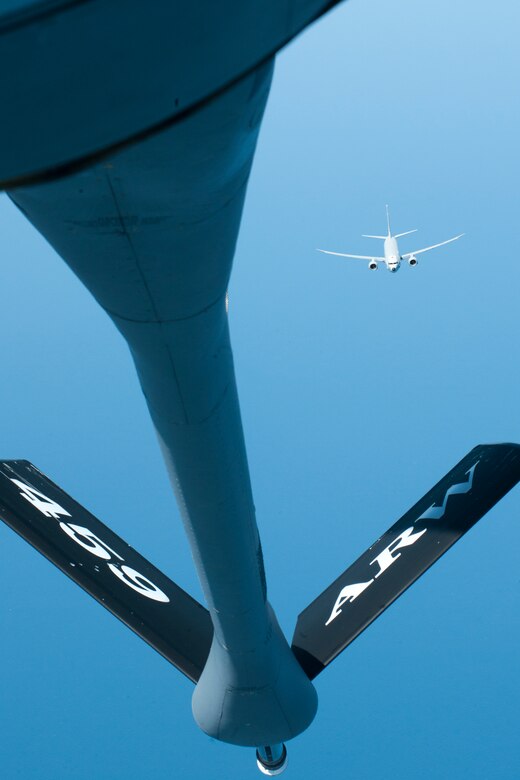 A Naval Air Systems Command P-8A Poseidon comes in on approach to the boom arm of a 459th Air Refueling Squadron KC-135R Stratotanker over the Atlantic Ocean April 13, 2017. This was the first inflight refueling of a P-8A. The P-8A is the second-ever Navy aircraft to be fitted with a receiver for aerial refueling; the first being the E-6B Mercury nearly 30 years ago. (U.S. Air Force photo/Tech. Sgt. Kat Justen)