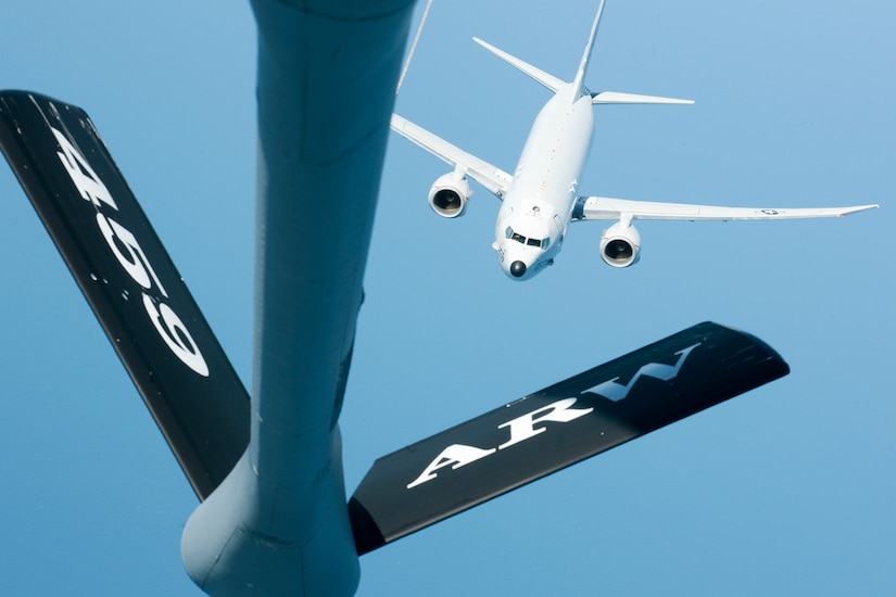 A Naval Air Systems Command P-8A Poseidon comes in on approach to the boom arm of a 459th Air Refueling Squadron KC-135R Stratotanker over the Atlantic Ocean April 13, 2017. This was the first inflight refueling of a P-8A. The P-8A is the second-ever Navy aircraft to be fitted with a receiver for aerial refueling; the first being the E-6B Mercury nearly 30 years ago. (U.S. Air Force photo/Tech. Sgt. Kat Justen)