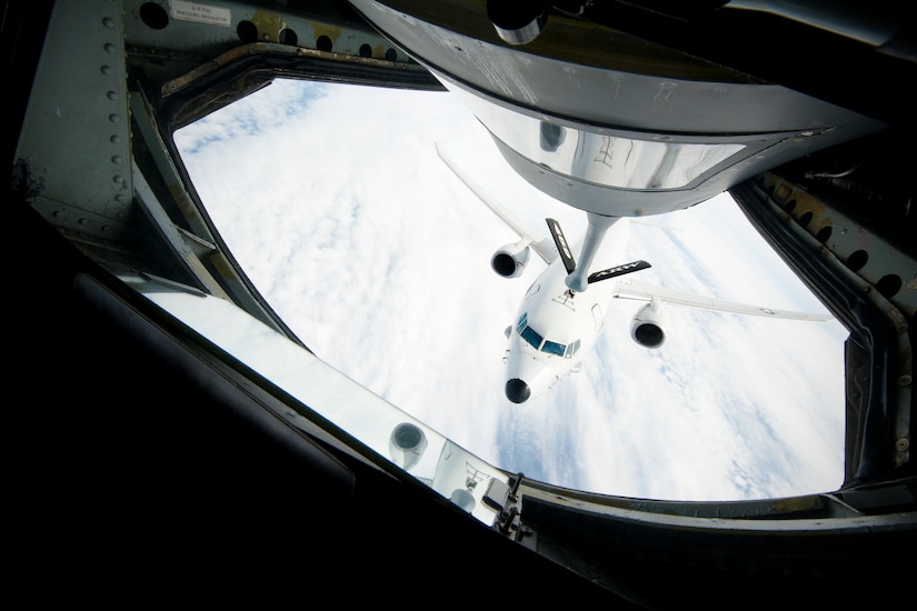 A Naval Air Systems Command P-8A Poseidon is refueled by a 459th Air Refueling Squadron KC-135R Stratotanker over the Atlantic Ocean April 13, 2017. This was the first inflight refueling of a P-8A. The P-8A is only the second-ever Navy aircraft to be fitted with a receiver for aerial refueling; the first being the E-6B Mercury nearly 30 years ago. (U.S. Air Force photo/Tech. Sgt. Kat Justen)