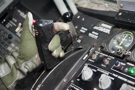 A 756th Air Refueling Squadron boom operator pulls back on the boom telescoping lever in the boom pod of a KC-135R Stratotanker during an aerial refueling of a Naval Air Systems Command P-8A Poseidon over the Atlantic Ocean April 13, 2017. This was the first inflight refueling of a P-8A. The P-8A is only the second-ever Navy aircraft to be fitted with a receiver for aerial refueling; the first being the E-6B Mercury nearly 30 years ago. (U.S. Air Force photo/Tech. Sgt. Kat Justen)

