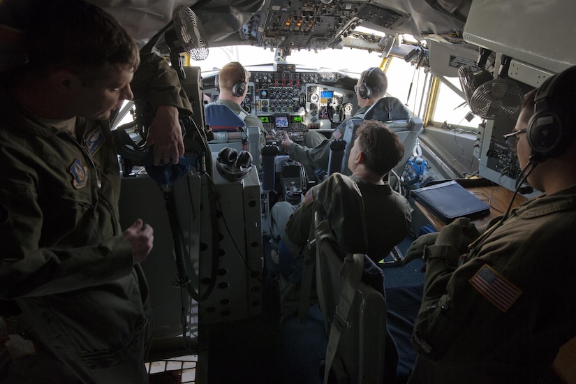 Aircrew with the 756th Air Refueling Squadron conduct preflight checks prior to takeoff from the Joint Base Andrews, Maryland, flight line April 13, 2017. After a year of planning, the 756 ARS embarked on a mission to refuel a Naval Air Systems Command P-8A Poseidon. The P-8A is the second-ever Navy aircraft to be fitted with a receiver for inflight refueling; the first being the E-6B Mercury nearly 30 years ago. (U.S. Air Force photo/Tech. Sgt. Kat Justen)
