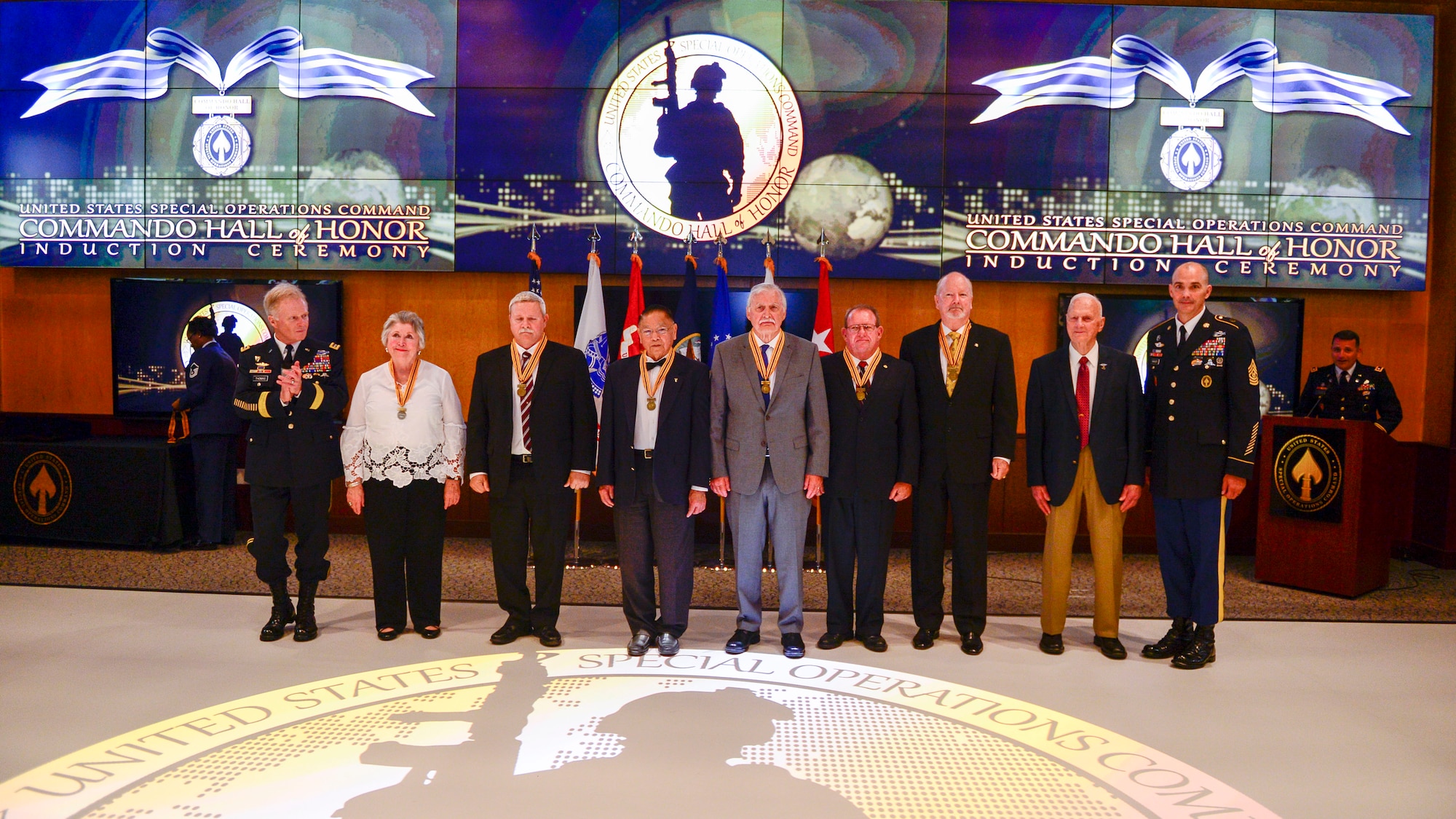 The U.S. Special Operations Command inducted seven former special operators into the USSOCOM Commando Hall of Honor located at the USSOCOM headquarters, MacDill Air Force Base, Florida, April 18. More than 100 people attended the ceremony to honor the inductees and watched as each of the inductees received a medal from Army Gen. Raymond A. Thomas, USSOCOM commander, and Command Sgt. Maj. Patrick L. McCauley, USSOCOM command senior enlisted adviser. 