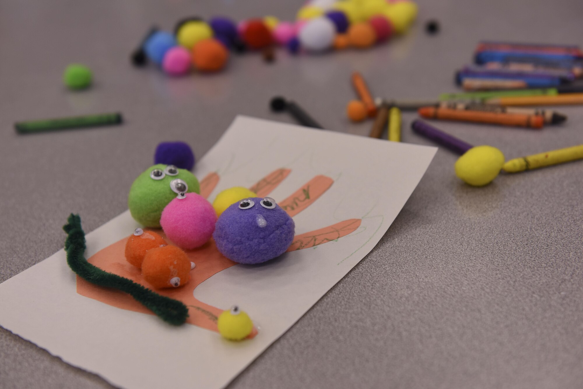 An arts and crafts activity planned by the 509th Medical Operations Squadron public health technicians demonstrate the importance of hand washing to children at the youth center at Whiteman Air Force Base, Mo., April 5, 2017. The purpose of Public Health Week is to celebrate the professionals who work in the career field, highlight their various jobs and promote health awareness. (U.S. Air Force photo by Senior Airman Danielle Quilla)