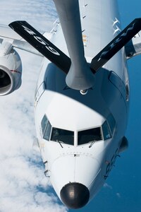 A Naval Air Systems Command P-8A Poseidon waits for the boom arm of a 459th Air Refueling Squadron KC-135R Stratotanker to make contact with its fuel receiver over the Atlantic Ocean April 13, 2017. This was the first inflight refueling of a P-8A. The P-8A is only the second-ever Navy aircraft to be fitted with a receiver for aerial refueling; the first being the E-6B Mercury nearly 30 years ago. (U.S. Air Force photo/Tech. Sgt. Kat Justen)

